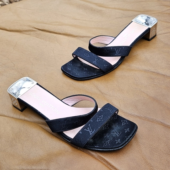 Louis Vuitton Shoes - Women's Louis Vuitton Black Blended Fabric Leather Sandals Heels Size 4 US
